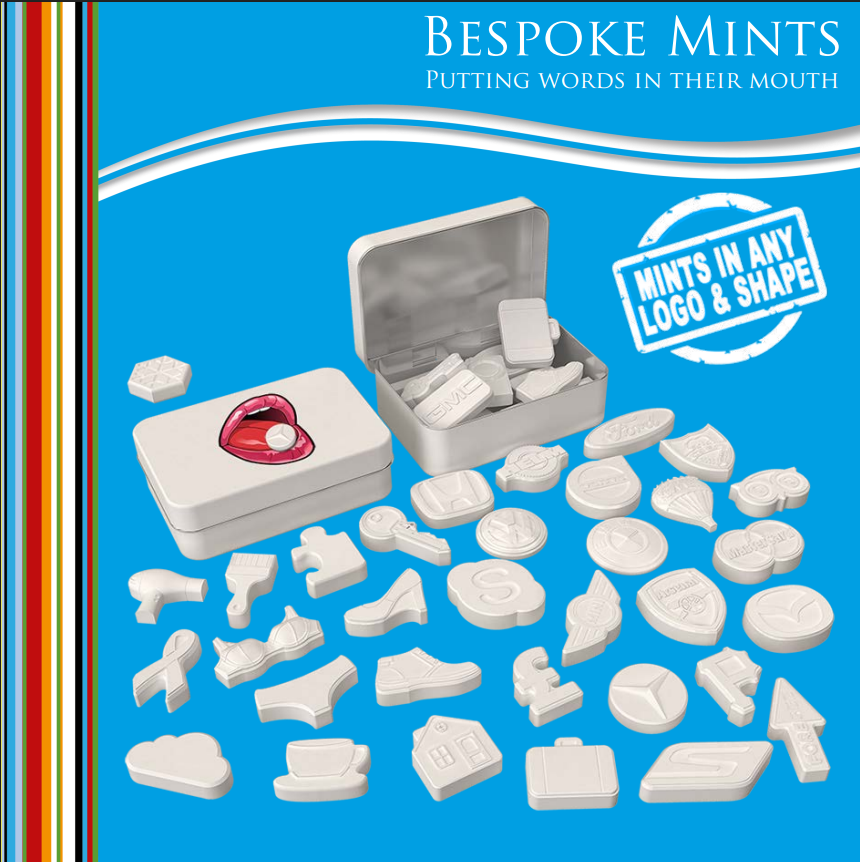 Bespoke mints in various shapes with a display case on a blue background, featuring the text 'Bespoke Mints' and 'Mints in any logo & shape'.