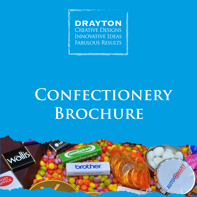 Confectionery products with branded items on a blue background featuring Drayton branding.
