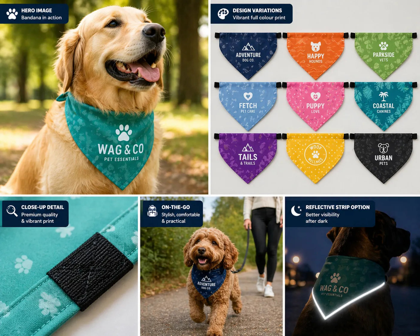 A collage showing a dog bandana product in use and as a product detail sheet. A golden retriever wears a teal bandana printed with white paw prints and the text 'WAG & CO PET EVENTS'.