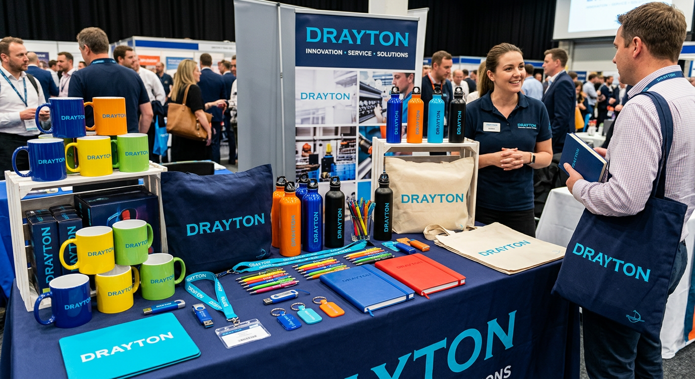 Drayton booth providing event merchandising services at a trade show with promotional items and a representative interacting with a visitor.