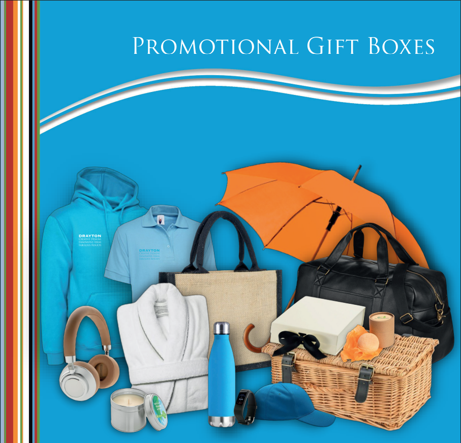 Promotional gift boxes with various items on a blue background
