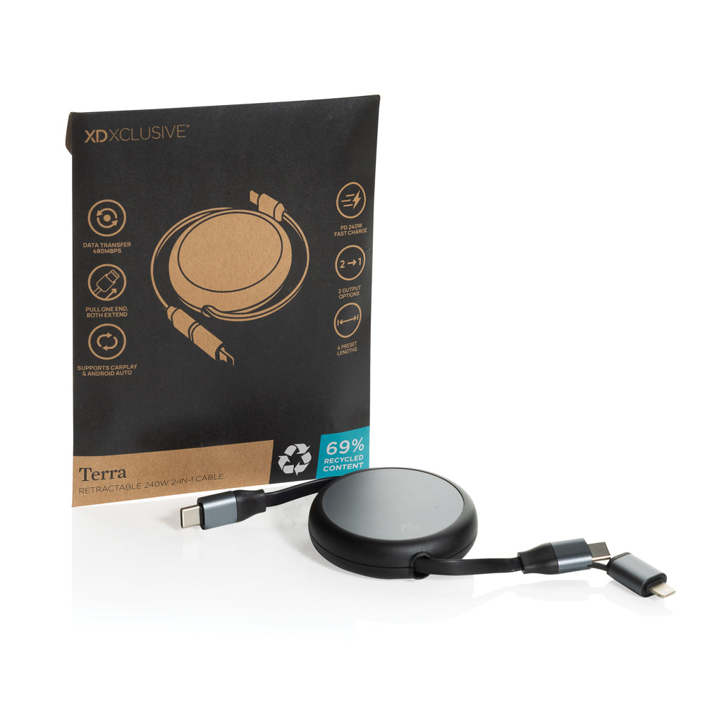 Terra RCS recycled aluminium retractable 240W 2-in-1 cable