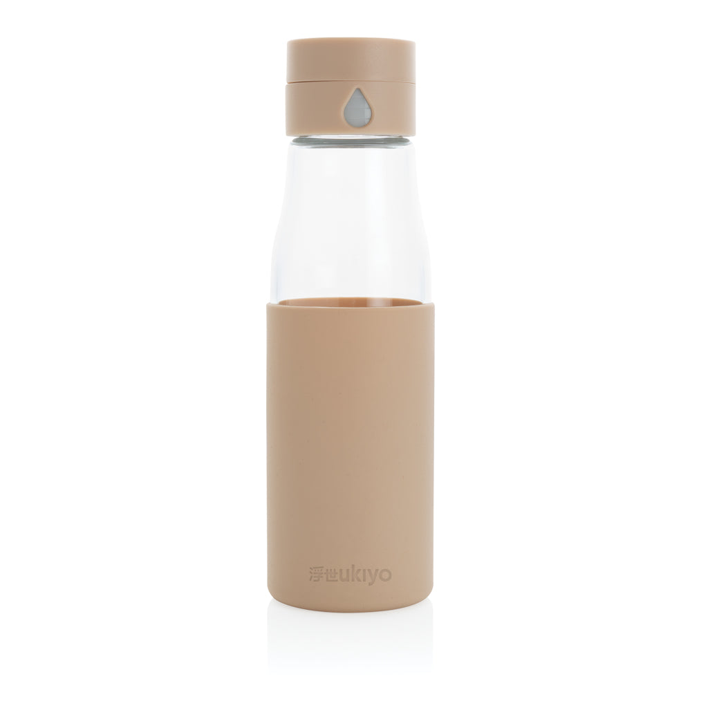 Ukiyo glass hydration tracking bottle with sleeve