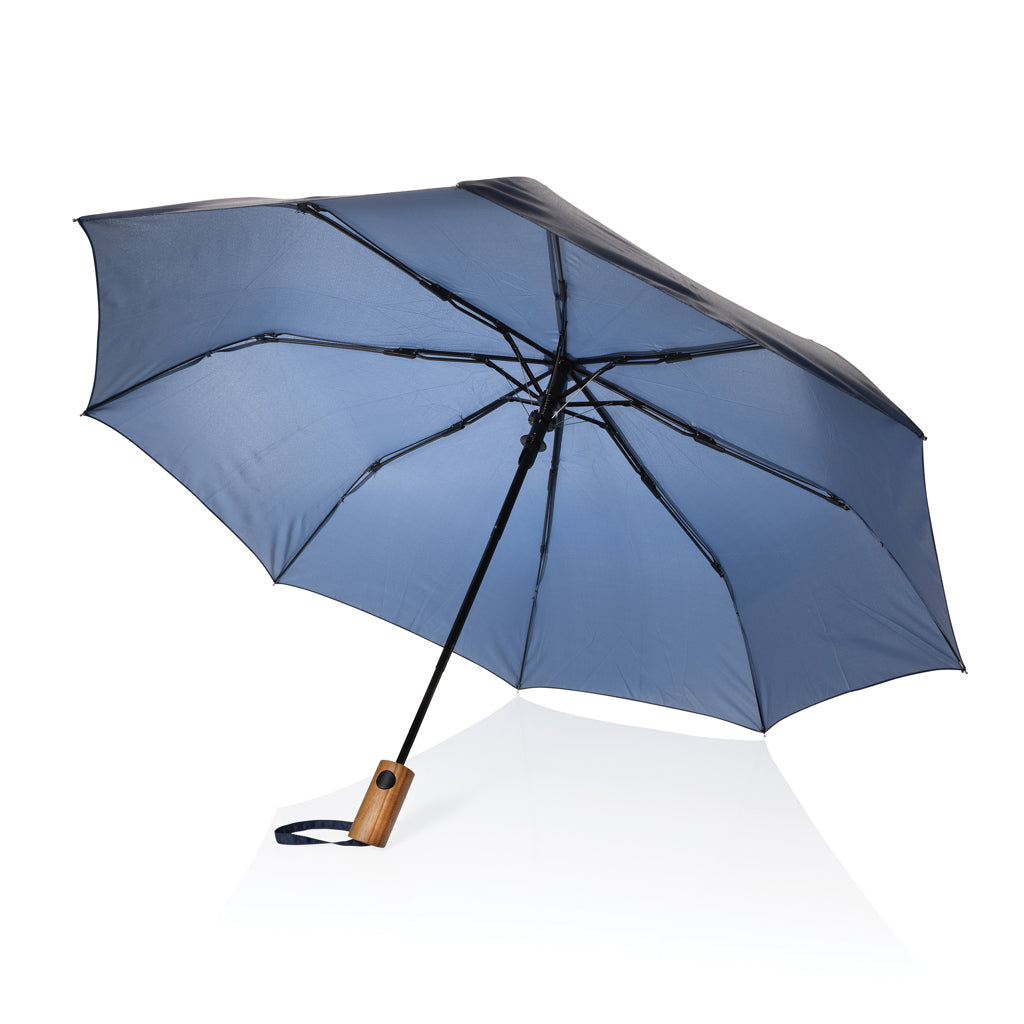 Kaycey 21' AWARE™ RPET Acacia wood mini auto open umbrella - navy, rPET,Fibreglass