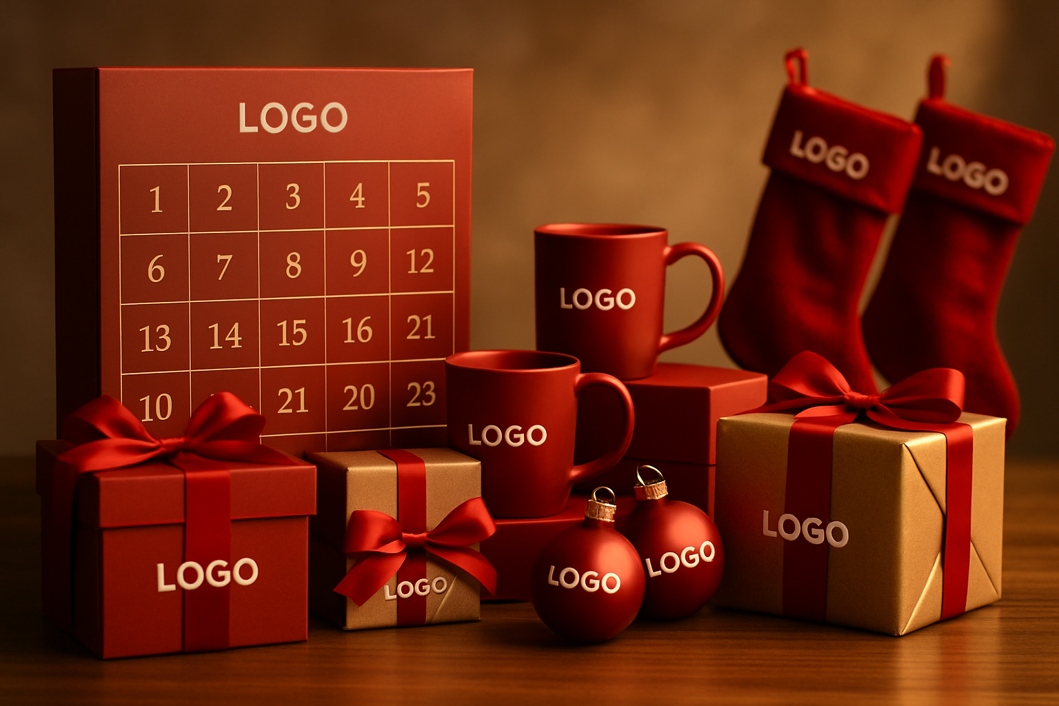 Corporate Christmas gifts including branded advent calendars, custom baubles, and festive packaging — designed and produced by Drayton UK.