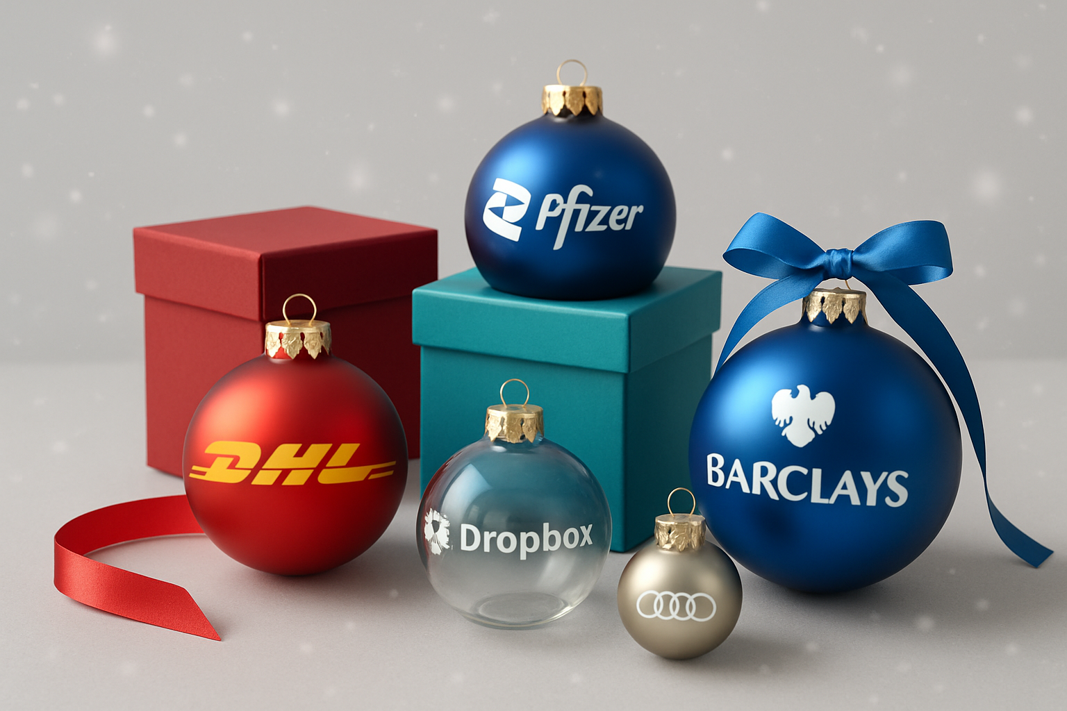 Custom printed and engraved Christmas baubles with corporate branding, Pantone colours, and ribbon packaging by Drayton.
