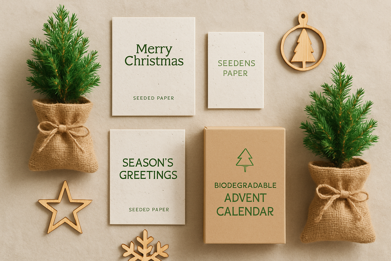 Biodegradable Christmas products including cards, plants, and a calendar on a beige background.