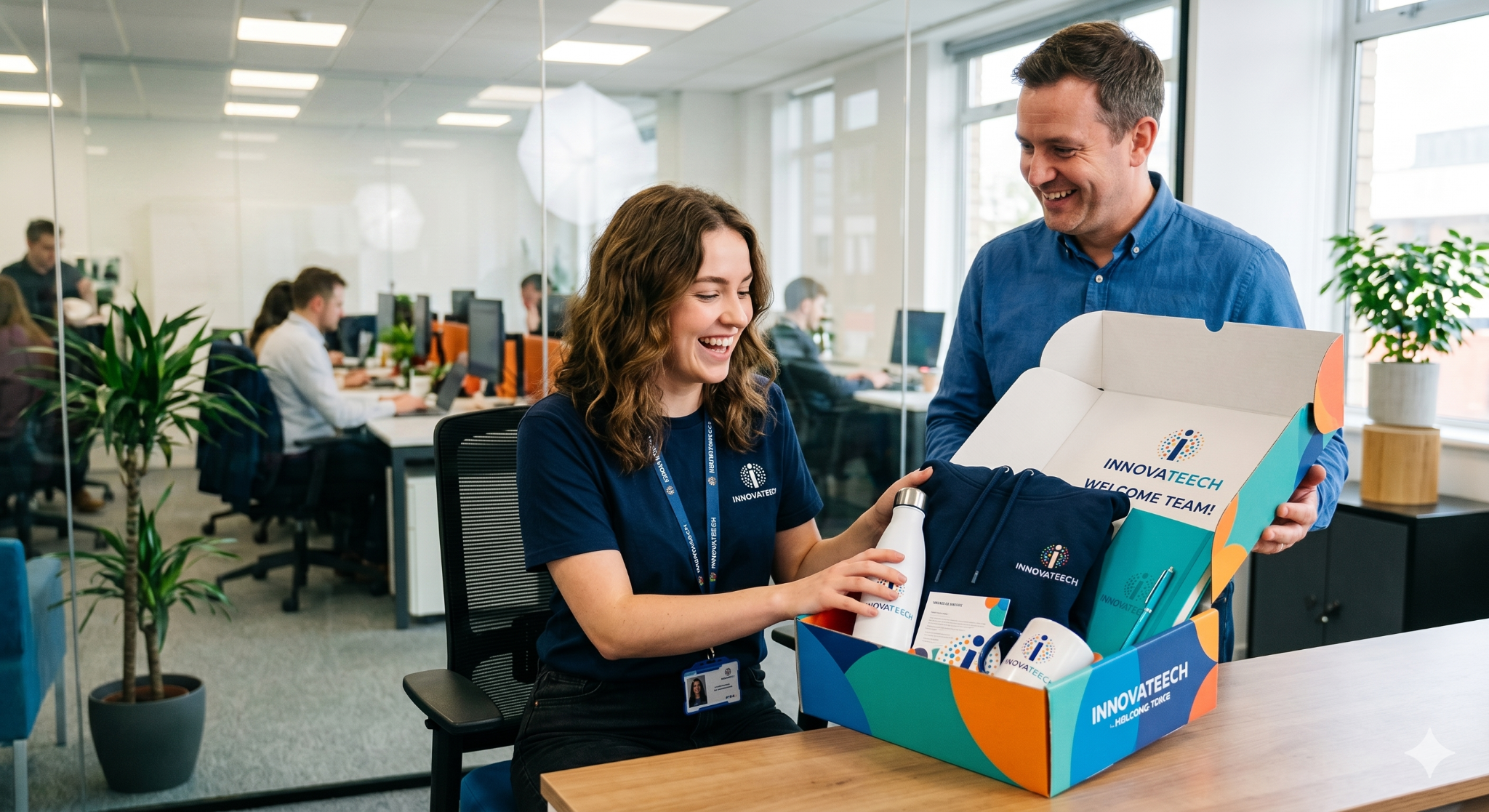 Manager presenting a welcome pack for new employees containing branded onboarding materials and company merchandise in an office.