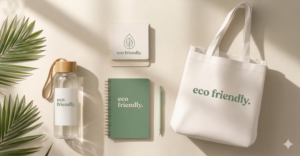 Eco-friendly promotional products including a reusable tote bag, water bottle and notebook branded with sustainable messaging.