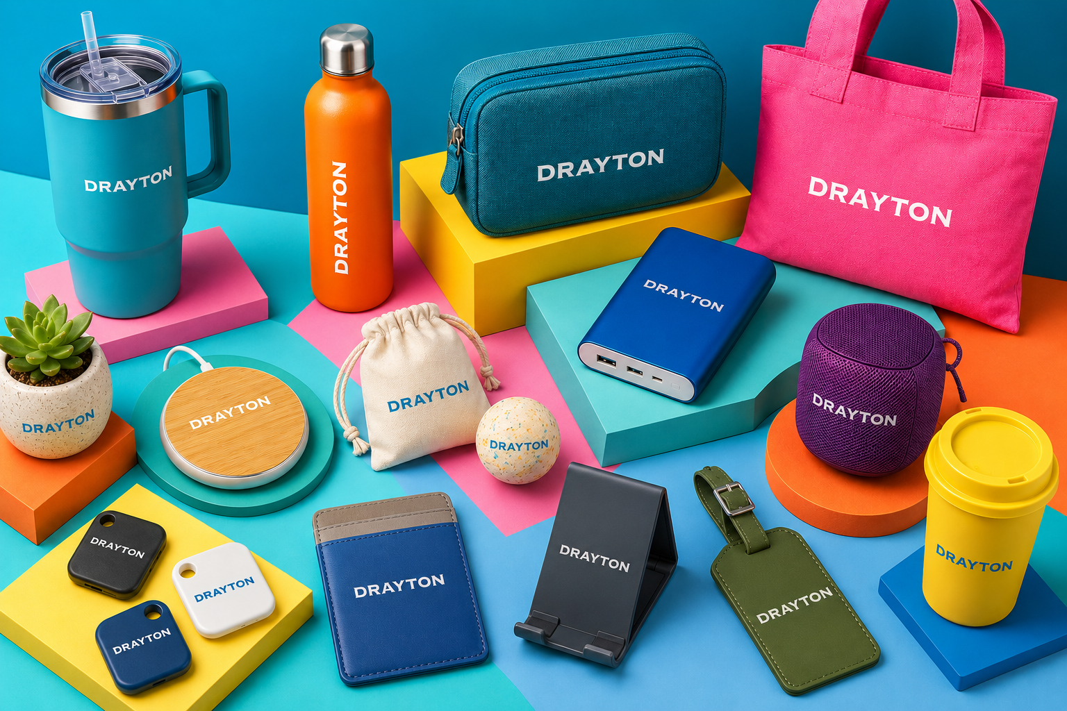 Colourful event promotional merchandise including branded bottles, tote bags, speakers and tech accessories displayed for marketing campaigns.