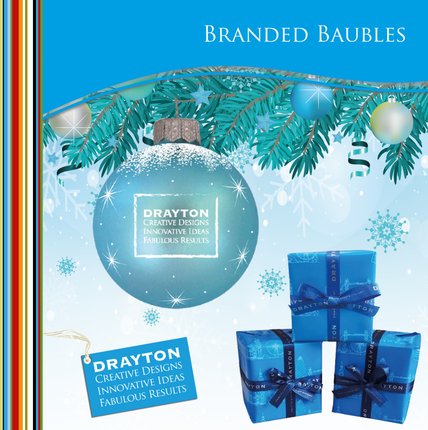 Promotional image for Drayton with Christmas-themed decorations and branding.
