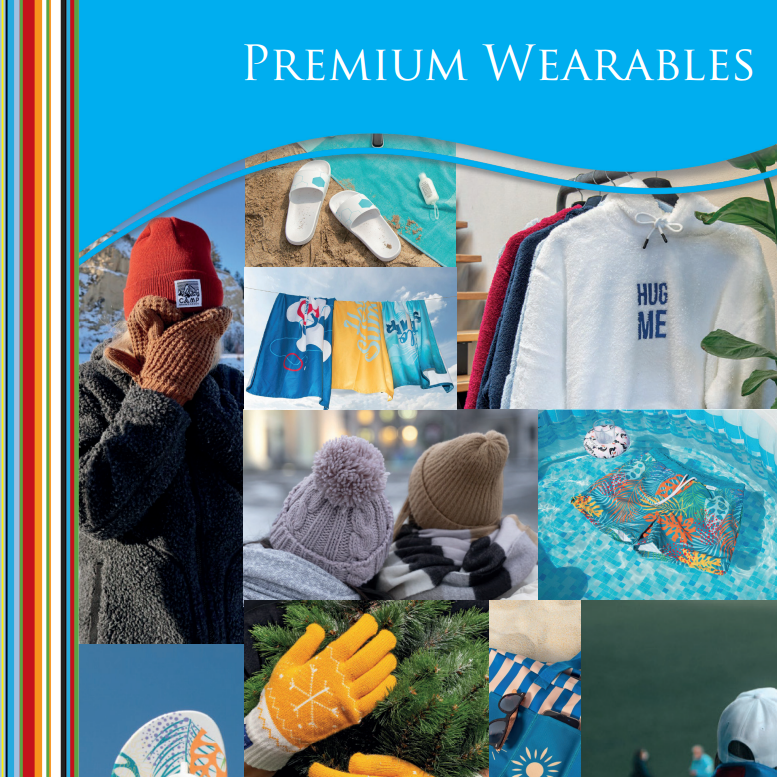 Collage of various clothing and accessories with 'Premium Wearables' text on a blue background.