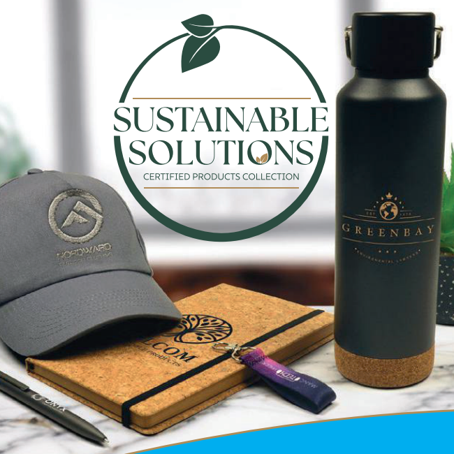 Sustainable solutions products including a cap, notebook, pen, and water bottle with 'Greenbay' branding.