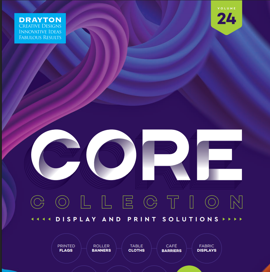 Cover of Drayton Core Collection with abstract purple design and text about display and print solutions.
