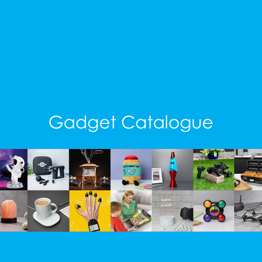 Gadget Catalogue cover with various gadgets on a blue background