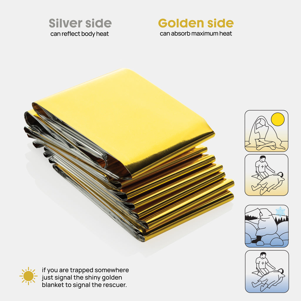 Solra emergency blanket in RCS recycled RPET pouch