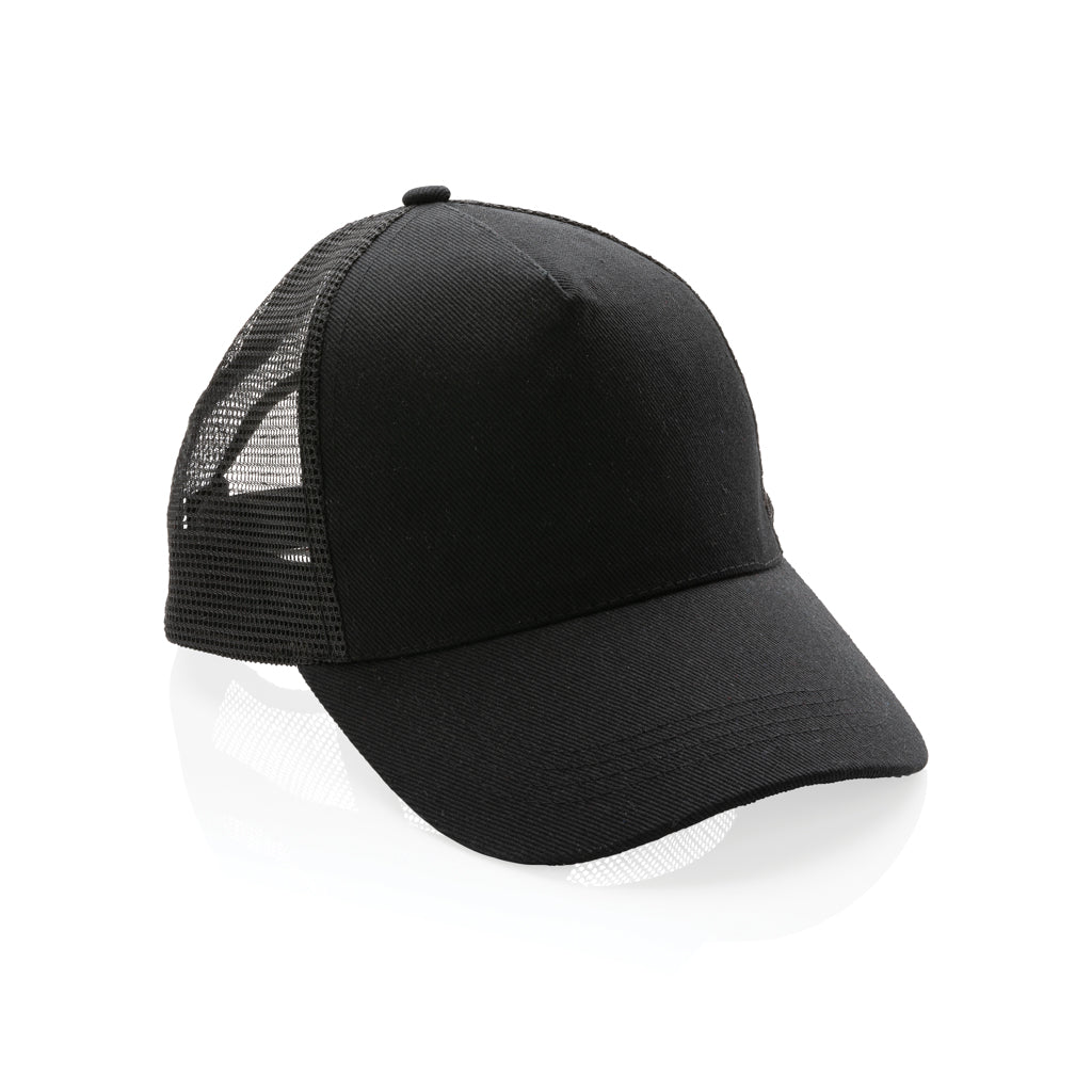 Impact AWARE™ Brushed rcotton 5 panel trucker cap 190gr - black, Recycled cotton,rPET
