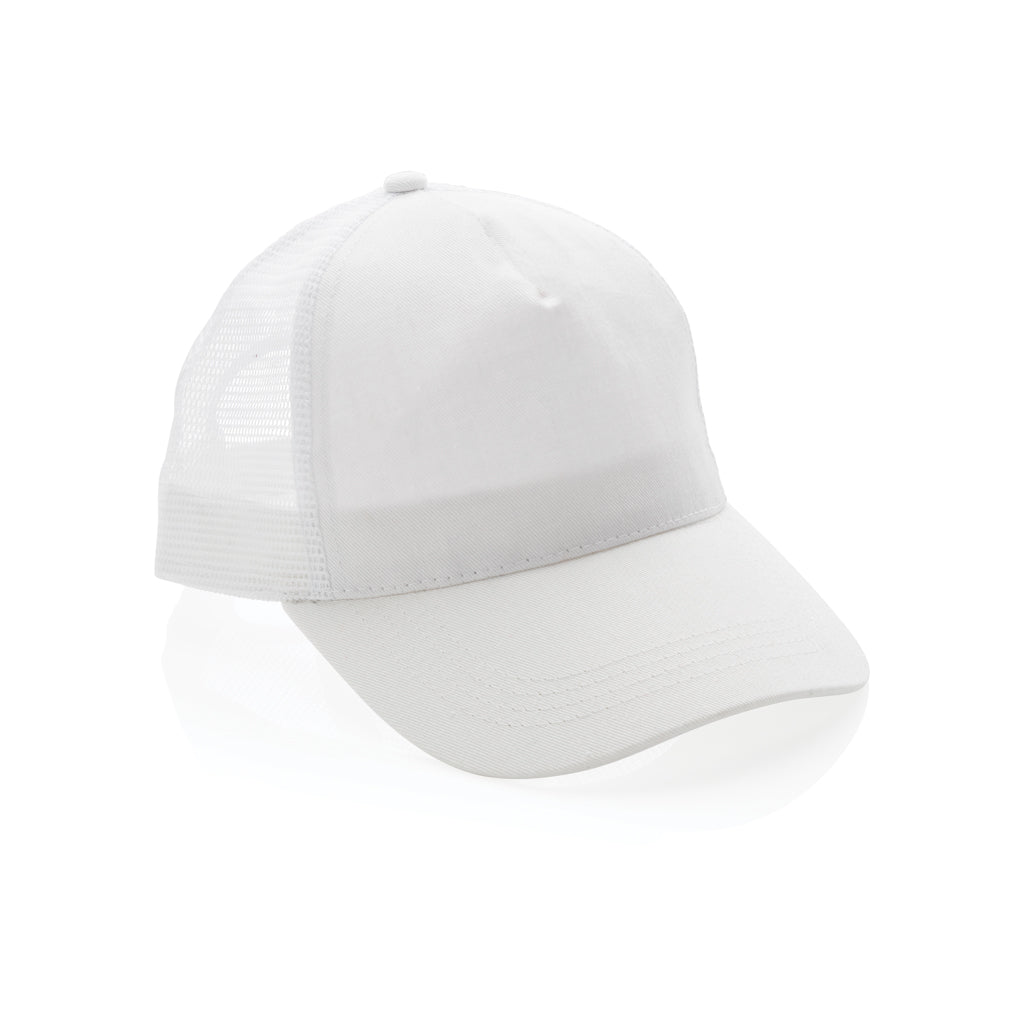 Impact AWARE™ Brushed rcotton 5 panel trucker cap 190gr - white, Recycled cotton,rPET