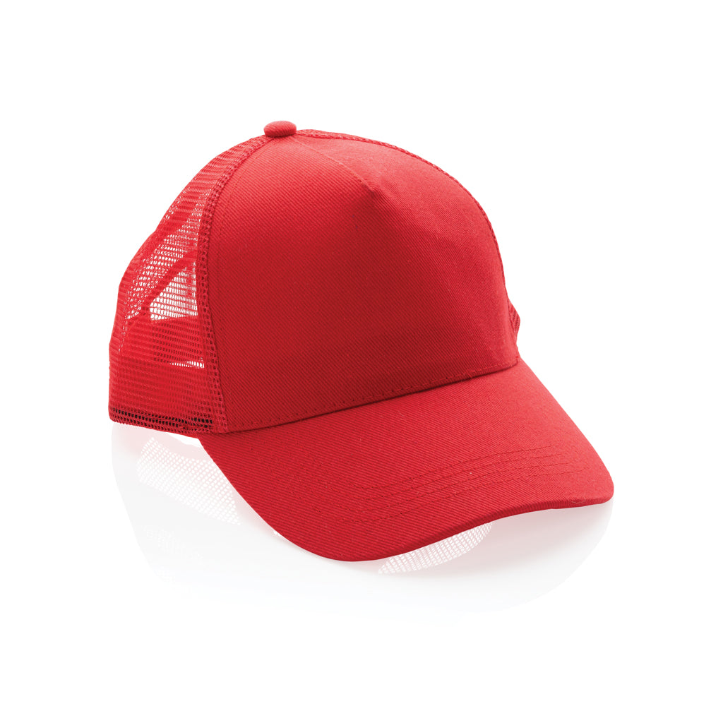 Impact AWARE™ Brushed rcotton 5 panel trucker cap 190gr - red, Recycled cotton,rPET