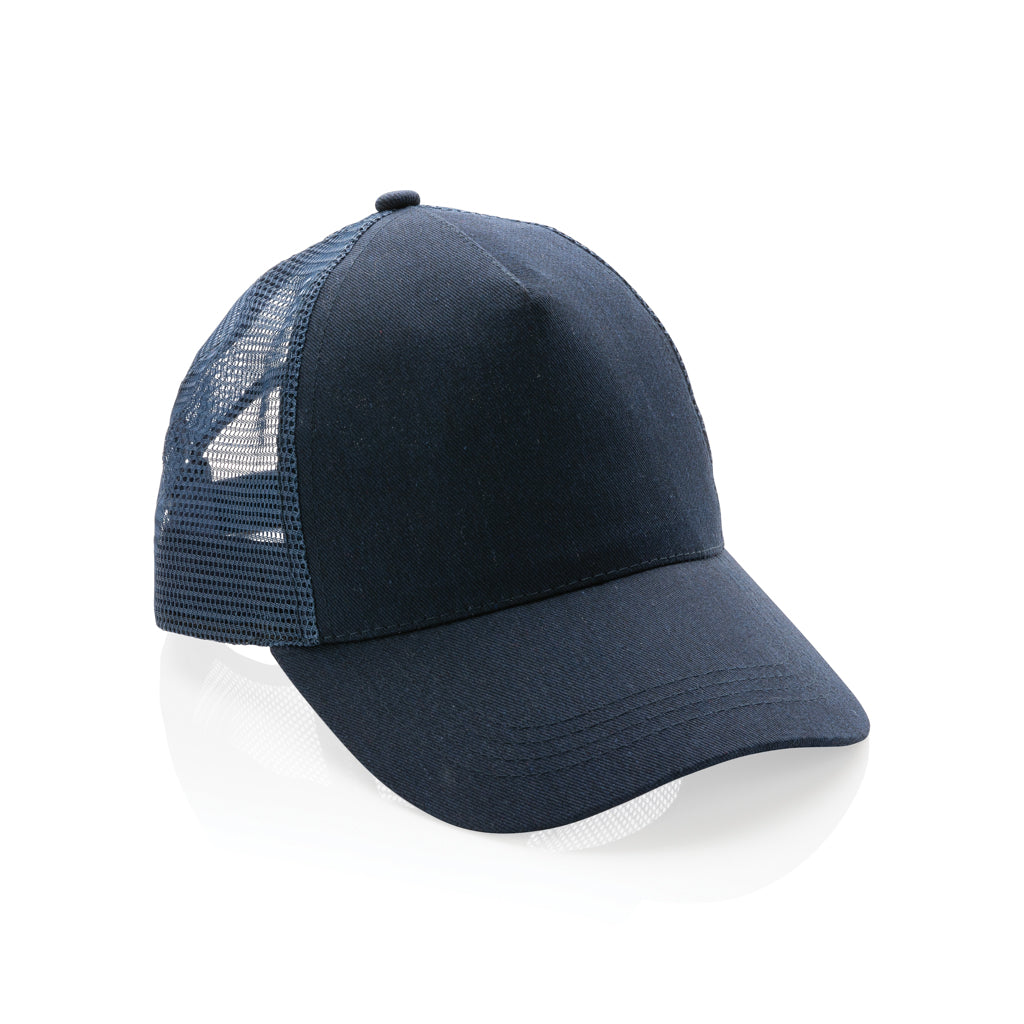 Impact AWARE™ Brushed rcotton 5 panel trucker cap 190gr - navy, Recycled cotton,rPET