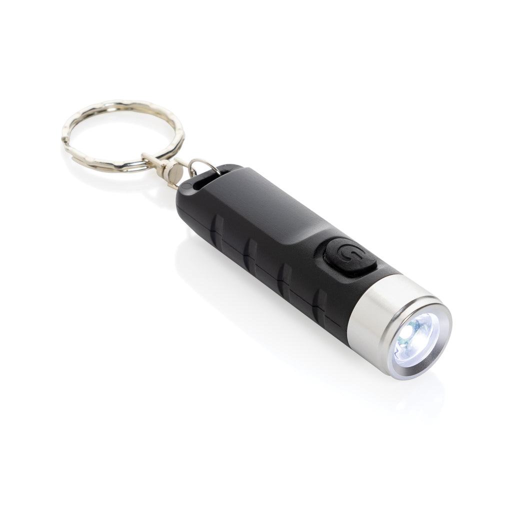 Globix RCS recycled plastic USB re-chargeable keychain torch - black, Recycled ABS,Aluminium