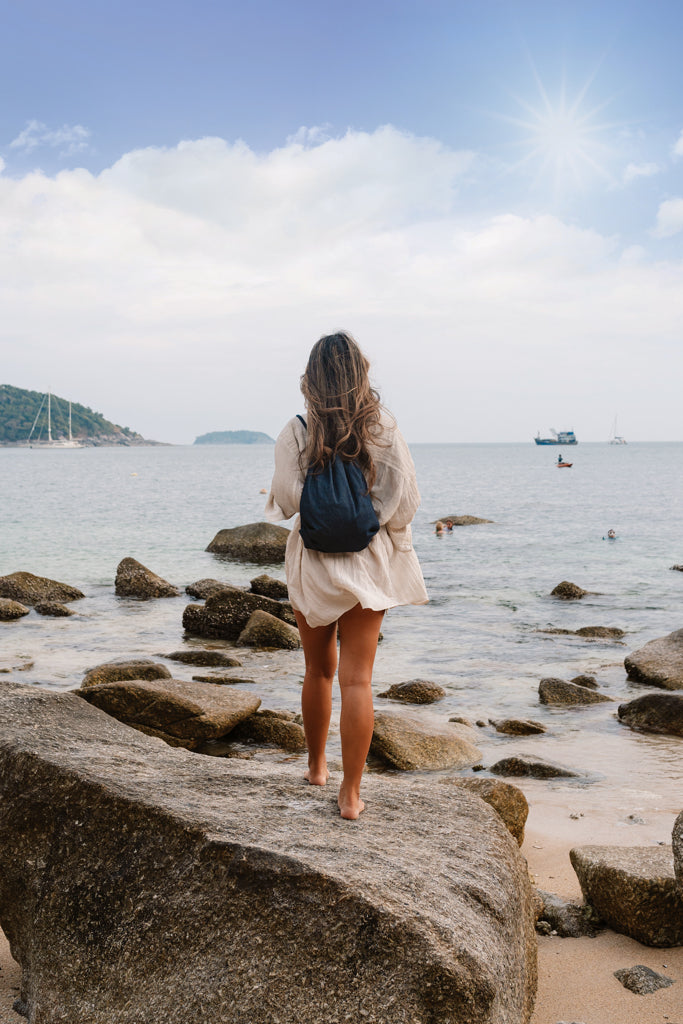 Impact AWARE™ recycled denim drawstring backpack