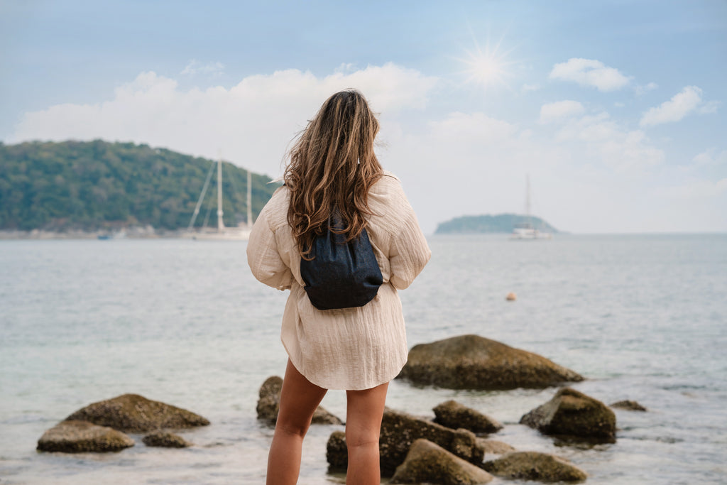 Impact AWARE™ recycled denim drawstring backpack