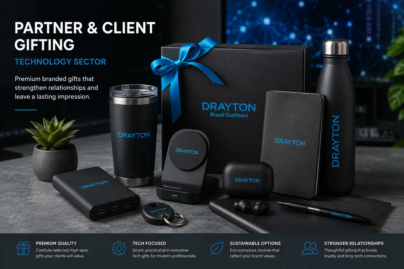 A Drayton-branded gift set arranged on a dark tabletop, including a black gift box with a blue ribbon, a black insulated bottle, a black travel tumbler, a black rectangular device, a black round case, a small black accessory, and a pen. Promotional text at the top reads 'PARTNER & CLIENT GIFTING' and 'TECHNOLOGY SECTOR,' with feature callouts along the bottom.