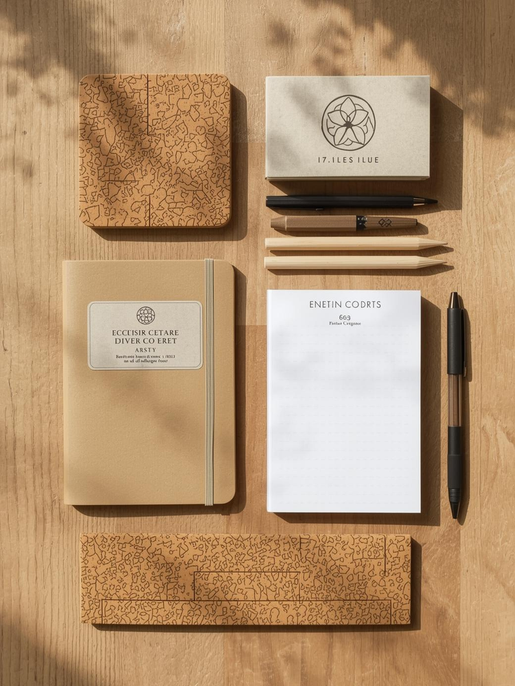 Bamboo and cork eco stationery — natural sustainable materials for branded gifts.