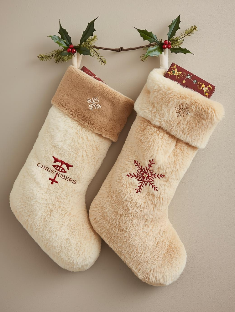 Custom branded corporate Christmas stockings with embroidered logos and festive gifts.