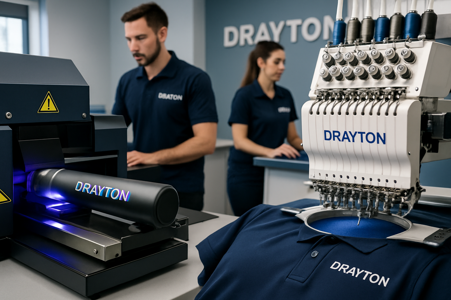 Technician operating embroidery and UV printing machines for branded merchandise production UK