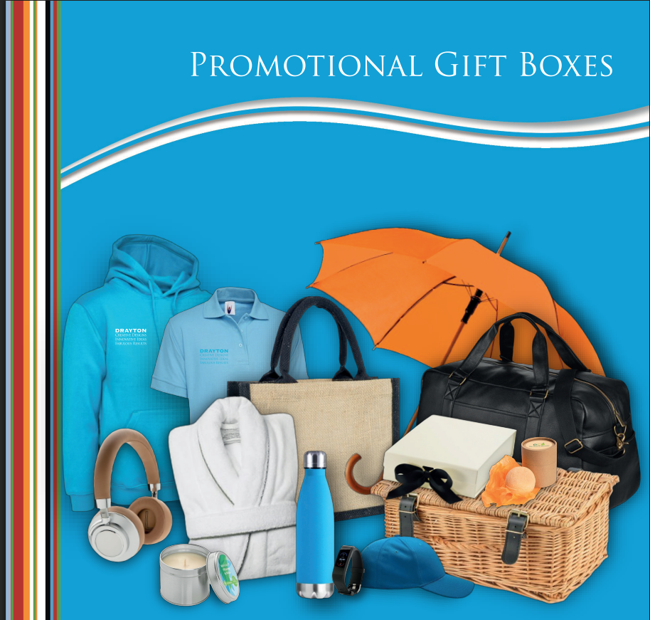 Promotional gift boxes brochure cover showing branded corporate merchandise — Drayton packaging and presentation solutions UK.